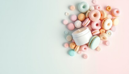 Cosmetic Cream Jar Presented with Pastel Sweets and Macarons on Light Background for a Beauty or Skincare Presentation