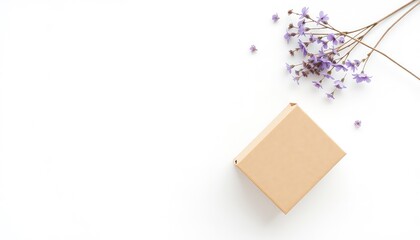 Simple gift box adorned with delicate purple flowers on a clean white surface creating a minimal aesthetic