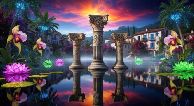 Serene lake scene at sunset featuring ornate pillars and lush flora reflecting in water