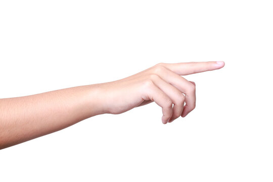 A woman's hand with an extended index finger, as if pressing something isolated on white background with clipping path.index finger reaching t touch, tap, click.