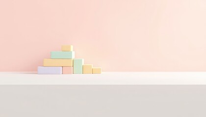 Stack of Pastel Cubes on a White Surface Against a Soft Pink Background, Creating a Minimalist and Playful Composition