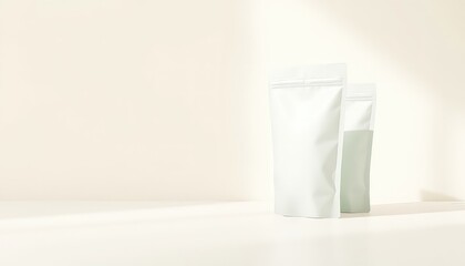 Minimalist presentation of two standing pouches with blank surfaces for package branding on a light surface