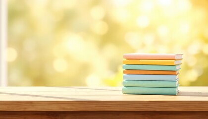 Colorful books stacked neatly on a wooden surface against a sunlit background create a peaceful ambiance