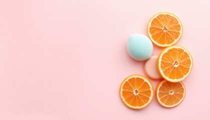 Vibrant citrus fruit slices and pastel cosmetic sponges arranged creatively on a delicate light rose colored background promoting freshness