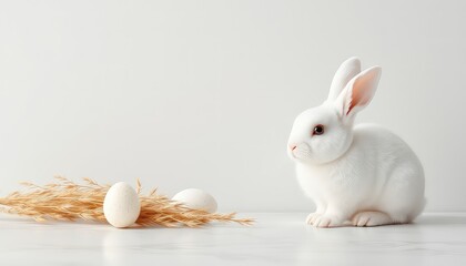White Rabbit Sits Beside Neutral Eggs and Dried Wheat on a Clean Surface, Expressing Calm and Serene Peacefulness