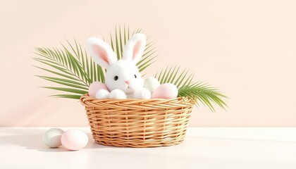 Fluffy white rabbit peeks out of a woven basket filled with pastel eggs and fresh green leaves against a soft muted background