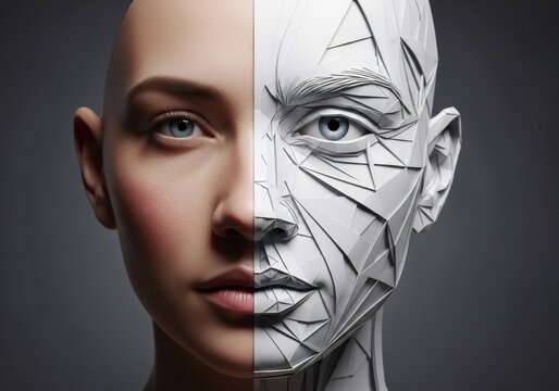 A human face split vertically one side realistic, the other a geometric, faceted, polygonal 3D rendering