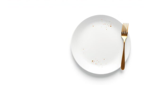 Minimalist composition featuring a nearly empty white plate alongside a gleaming gold fork on a stark white backdrop