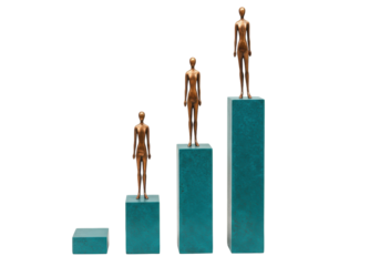 Bronze figurines on ascending teal blocks isolated on transparent background, career growth and success concept