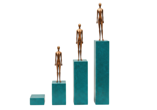Bronze figurines on ascending teal blocks isolated on transparent background, career growth and success concept - Powered by Adobe