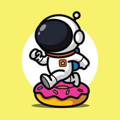 Cute Astronaut Sitting on Donut Illustration for Space Cartoon Character and Sweet Food Concept