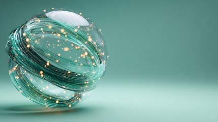 Abstract glowing glass sphere with interwoven teal fiber optic cables and sparkling light particles, representing network and data connection.