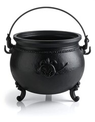 Black cast iron cauldron on a white surface