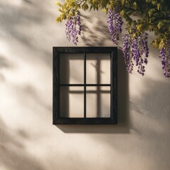 Obraz premium A black framed window with wisteria blossoms.