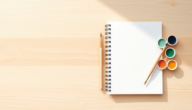 Blank spiral notebook with artistic paintbrushes and colorful watercolors on a wooden surface, ready for creating colorful art