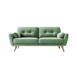 Fototapeta premium Elegant green velvet sofa isolated on transparent background, showcasing its tufted cushions, wooden legs, and inviting design for a modern living room aesthetic