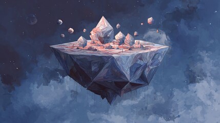 Fantasy geometric floating island with faceted crystal formations, illuminated by warm light under a starry, cloudy night sky with distant planets.