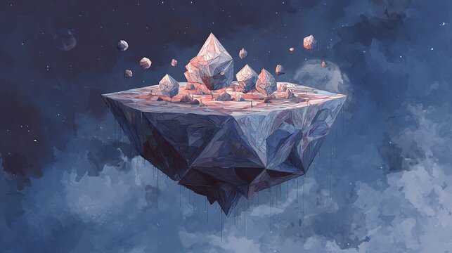 Fantasy geometric floating island with faceted crystal formations, illuminated by warm light under a starry, cloudy night sky with distant planets.