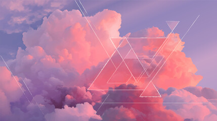A dreamy sky filled with fluffy clouds in shades of pink and purple, overlaid with geometric shapes