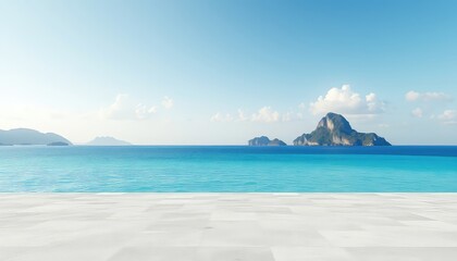 Modern minimalist scene of a tiled floor with turquoise water stretching towards distant islands under a bright sky