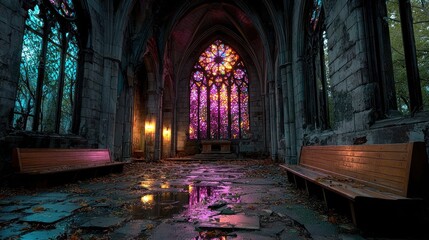 Gothic church interior with stained glass window, benches, and moody atmospheric lighting