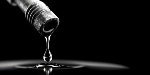 Close-up of an oil droplet falling from a dark, textured nozzle