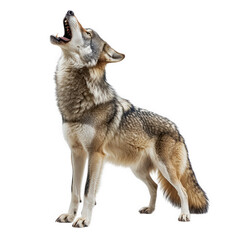 Obraz premium Magnificent gray wolf howling isolated on transparent background, displaying its strong posture and vocalization, embodying the spirit of wildlife and the untamed wilderness