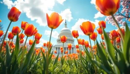 Obraz premium Vibrant orange tulips bloom in a lush green field, bathed in sunlight against a bright blue sky with soft white clouds