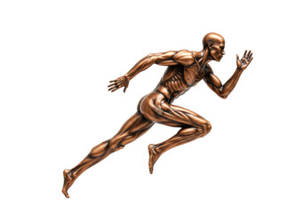 Bronze sculpture of a muscular man running isolated PNG, anatomical study of human body for fitness and health concepts