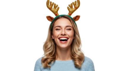Laughing woman with reindeer antlers isolated on white, festive holiday season celebration and Christmas cheer