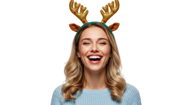 Laughing woman with reindeer antlers isolated on white, festive holiday season celebration and Christmas cheer