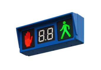 Blue pedestrian crossing signal with red hand and green walking man isolated, crosswalk sign for urban safety and traffic control