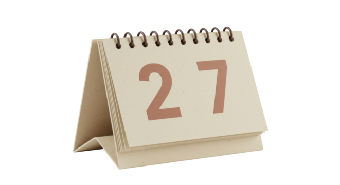 Beige desk calendar with the number 27 isolated on transparent background, time management and organization tool