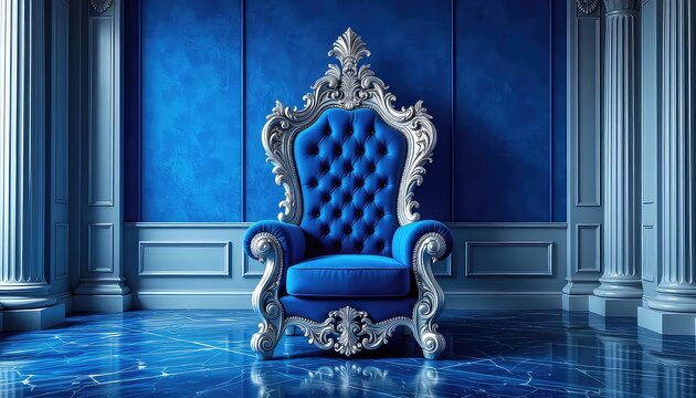 Regal blue throne with silver ornate detailing stands centered in an opulent room with marble flooring and classic columns