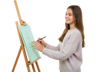 Isolated girl draws portrait with pen on easel artist in atelier light brown hair smile