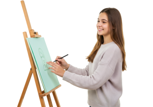 Isolated girl draws portrait with pen on easel artist in atelier light brown hair smile