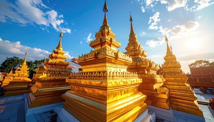 Fototapeta premium Golden Tibetan Temple Complex with Layered Rooftops Under Bright Daylight Drone Shot