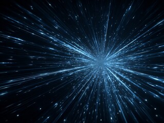 Naklejka premium Futuristic abstract background with blue light streaks radiating from a central glowing point, depicting warp speed or data flow.