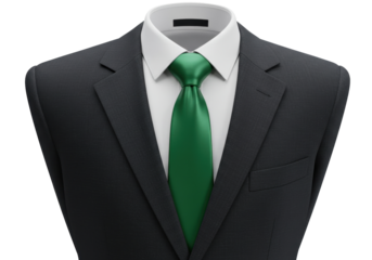Isolated suit with green tie. Dress code outfit for men, businessman clothing. Work style