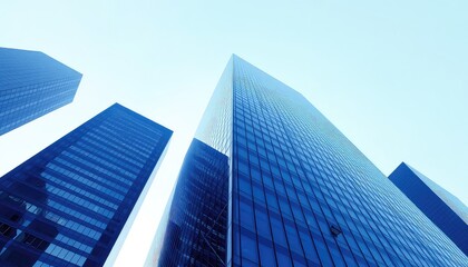 Fototapeta premium Skyscrapers reaching towards the sky, showcasing modern architecture and urban development in shades of blue with clean lines
