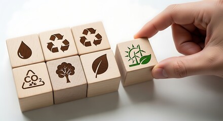 Eco-Friendly Cubes: A hand delicately positions an eco-friendly cube, showcasing icons representing environmental responsibility. This image embodies sustainability, conservation.