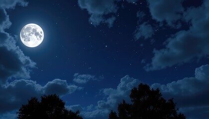Fototapeta premium A celestial glow illuminates the tranquil night sky, adorned with stars and floating clouds above silhouetted trees