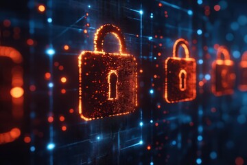 Digital locks securing abstract network data with glowing lights