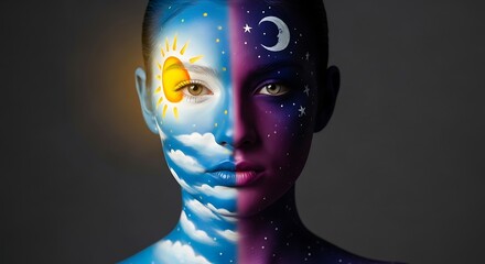 Day and Night Face: A captivating artistic representation showcases the duality of day and night, painted on a person's face. The artwork creates a surreal experience.
