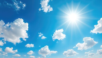 Radiant Sunlight Filtering Through Fluffy White Clouds Against a Clear Azure Backdrop, Evoking a Sense of Peace and Tranquility