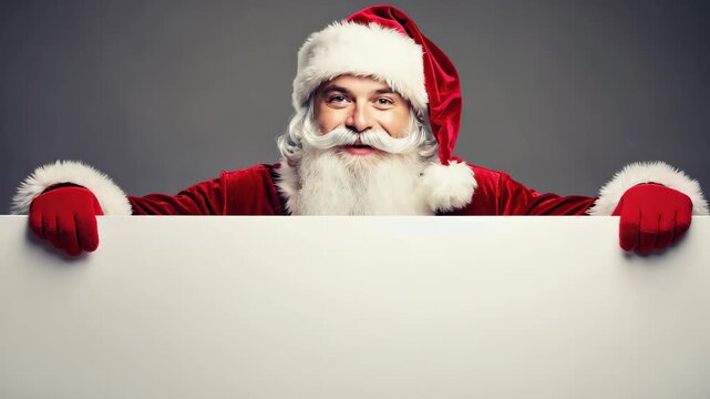 Santa Claus in costume peeking over white board with copy space, concept for festive advertising, promotions, and Christmas greetings