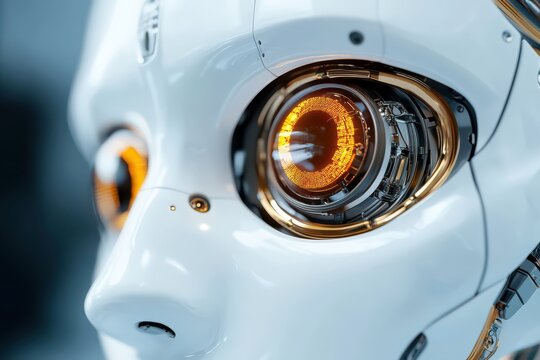 Robot eye with intricate orange and gold detailing