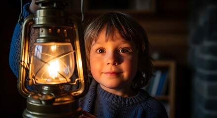 Child with Lantern: A young child gazing intently at a vintage lantern. The warm glow of the light illuminates the child's face, casting a nostalgic atmosphere. 