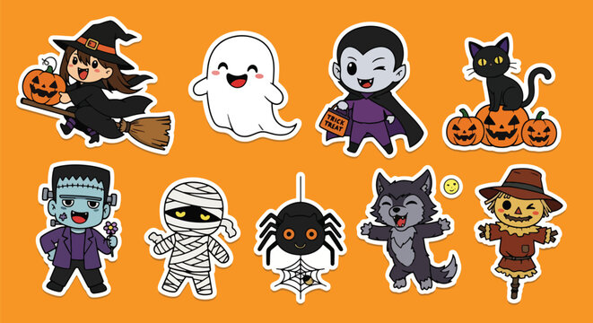 Adobe illustrator artwork vector illustration. A vibrant collection of cute Halloween stickers including a pumpkin, ghost, witch, black cat, vampire, mummies, Frankenstein, candy corn, and skull.