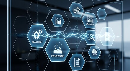 Digital Data Flow: A modern digital landscape showcases interconnected processing units, analytical tools, and data-driven insights. It visualizes the core components of technology.